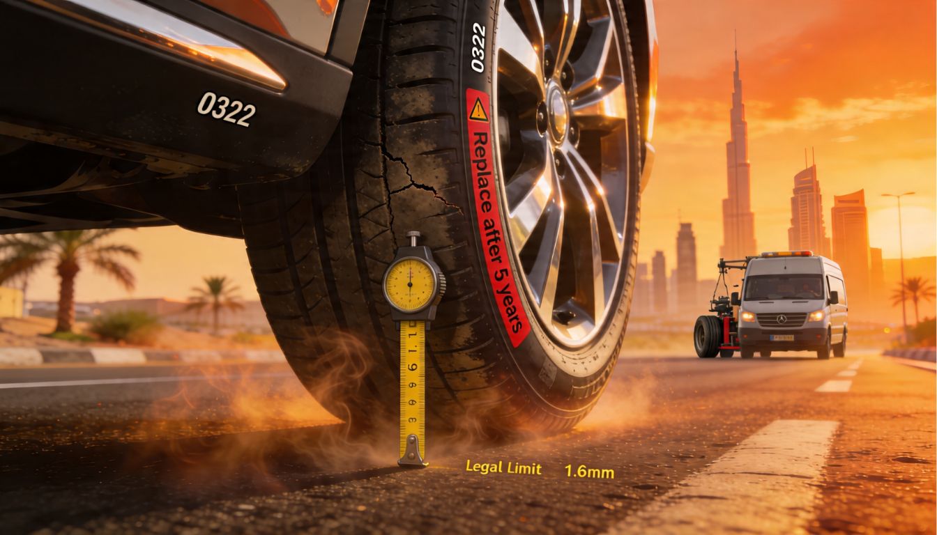 Worn tire with legal limit gauge